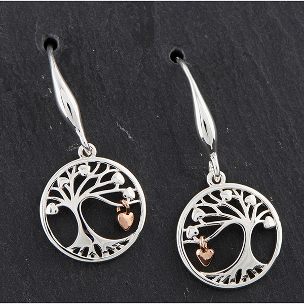 Two Tone Tree Dangly Heart Earrings