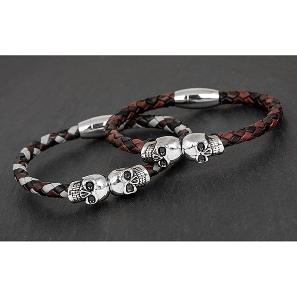 EQ For Men Three Tone Leather Skull Bracelet