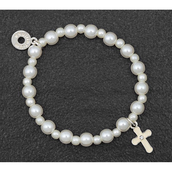 Girls Pretty Pearl Silver Plated Bracelet Cross