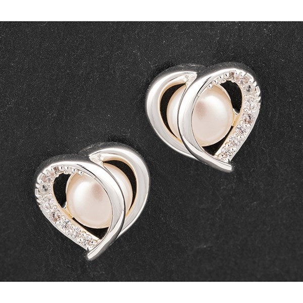 Modern Heart Fresh Water Pearl Silver Plated Earrings