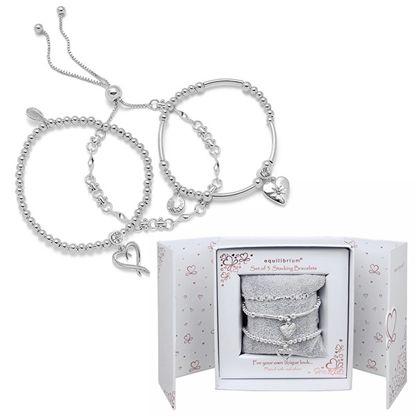 Gift Set of 3 Stacking Silver Plated Hearts Bracelets