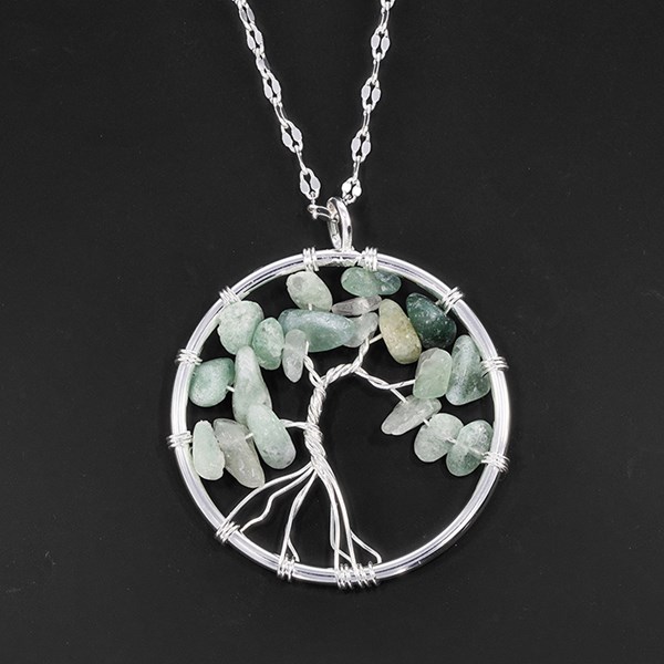 Tree of Life Silver Plated Circle Aventurine Necklace