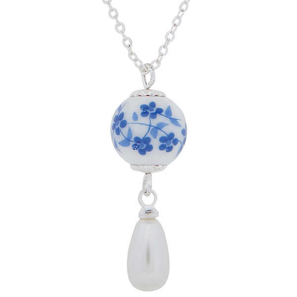 Ceramic Floral Pearl Drop Silver Plated Necklace