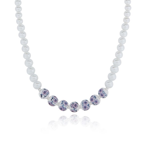 Ceramic Floral Pearl Silver Plated Necklace