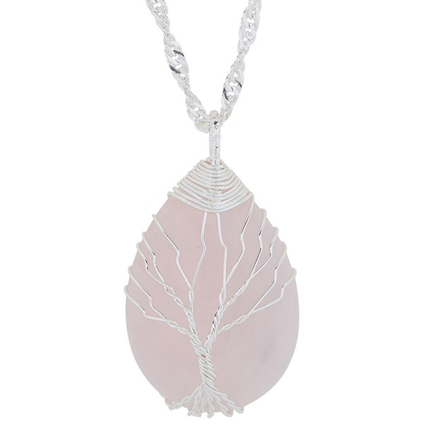 Tree of Life Entwined Silver Plated Necklace Rose Quartz