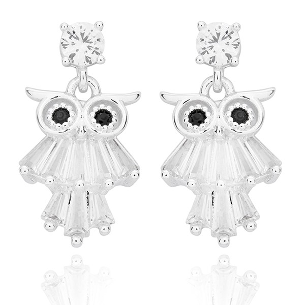 Baguette Silver Plated Dangly Owl Earrings
