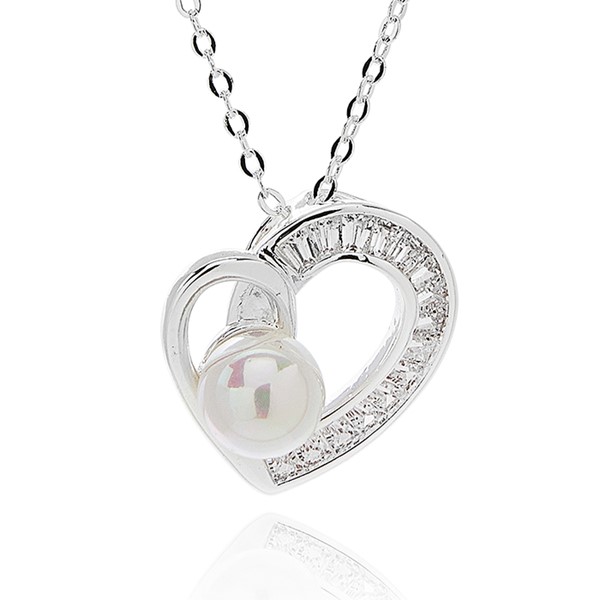 Pearl Baguette Heart Silver Plated Necklace