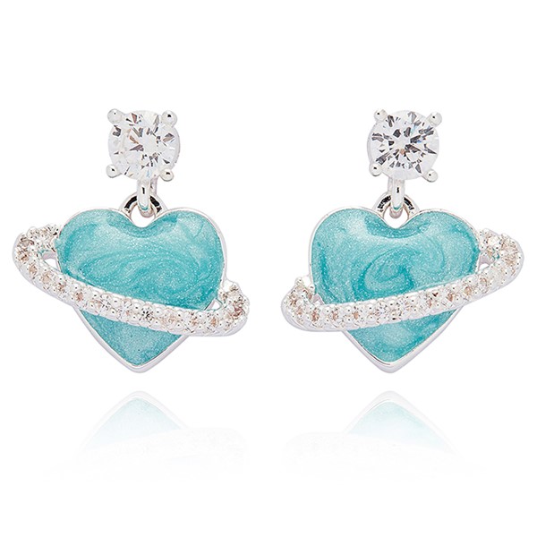 Iced Gem Planet Heart Silver Plated Earrings