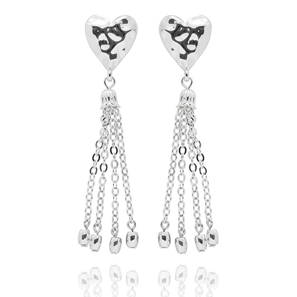 Hammered Heart Silver Plated Tassel Earrings