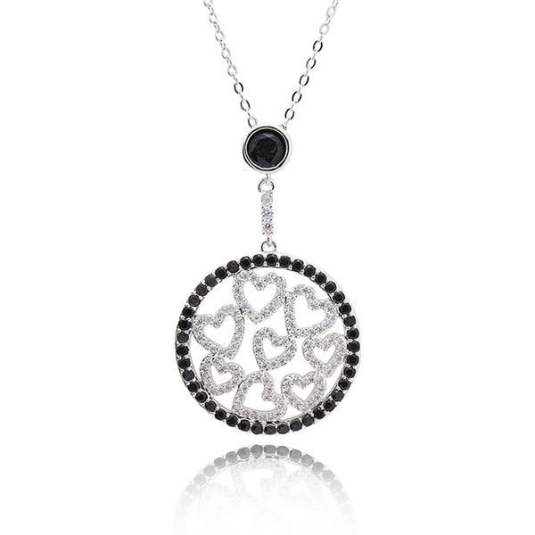 Monochrome Circle of Hearts Silver Plated Necklace