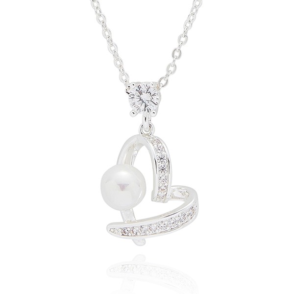 Pearl Crossover Heart Silver Plated Necklace