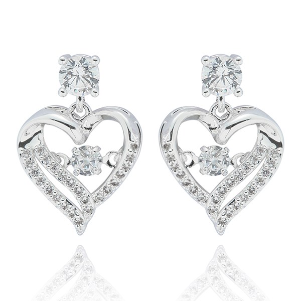 Moving Crystal Pretty Heart Silver Plated Earrings