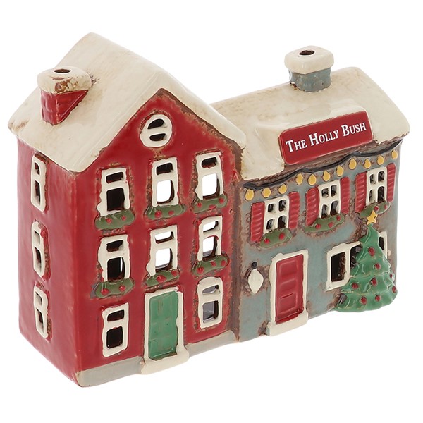 Village Pottery Xmas Holly Bush Pub Tealight
