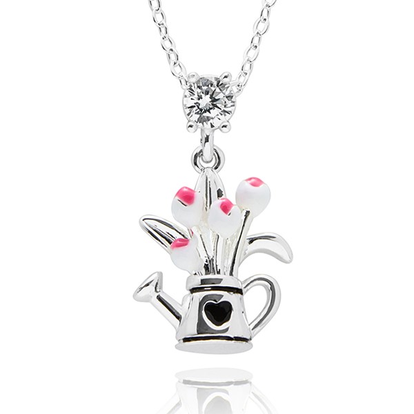 Secret Garden Watering Can Flowers Silver Plated Necklace
