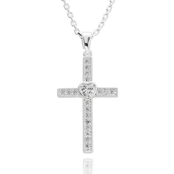 Sparkle Heart Silver Plated Cross Necklace