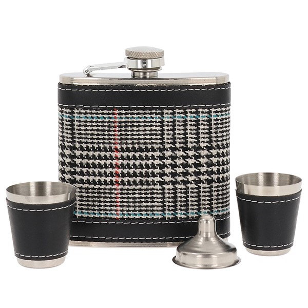 Hip Flask 2 Cups Set Black Tweed 6oz