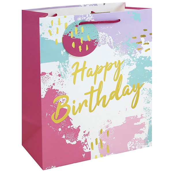 Pink Watercolour Happy Birthday Bag Large