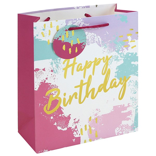 Pink Watercolour Happy Birthday Bag Medium