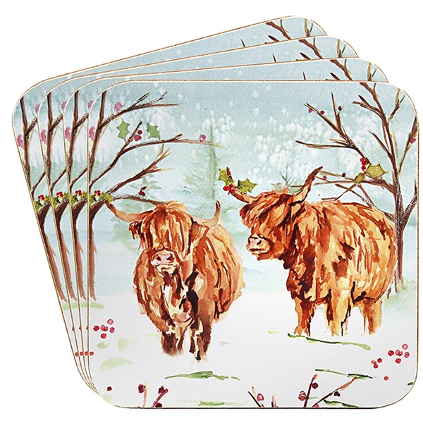 Jennifer Rose Highland Cow Christmas Coaster Set of 4