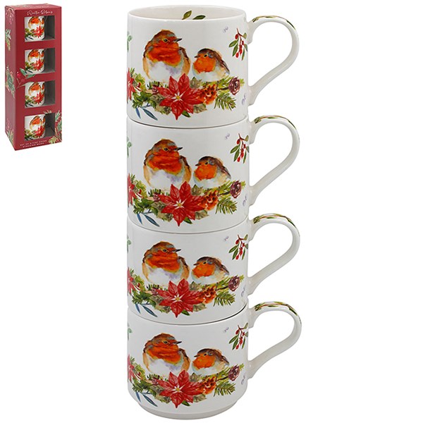 Jennifer Rose Winter Robin Stacking Mug Set of 4