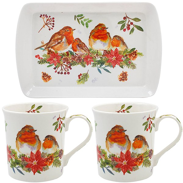 Jennifer Rose Winter Robin Mugs With Tray