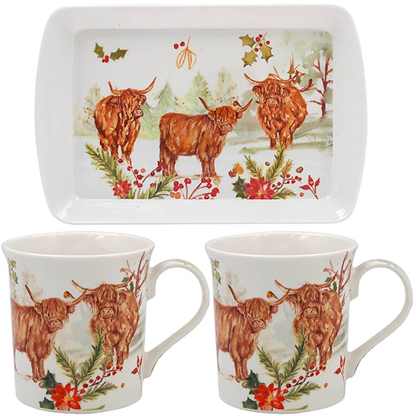 Jennifer Rose Highland Cow Mugs & Tray