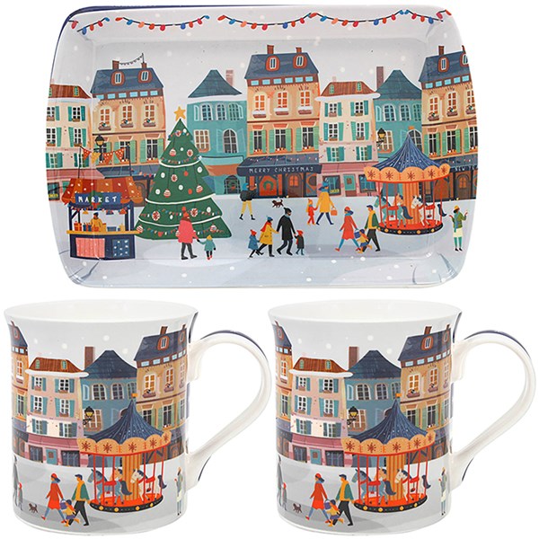 Xmas Tinsel Town White Mug & Tray