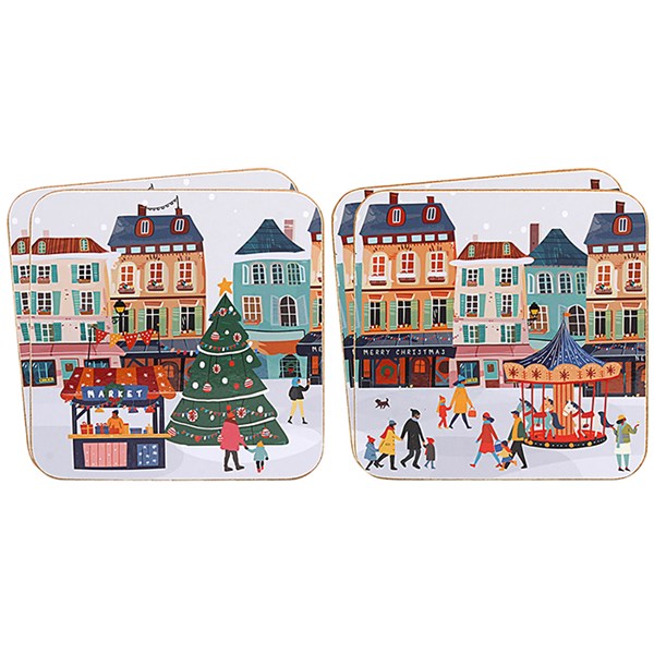 Xmas Tinsel Town White Coaster Set of 4