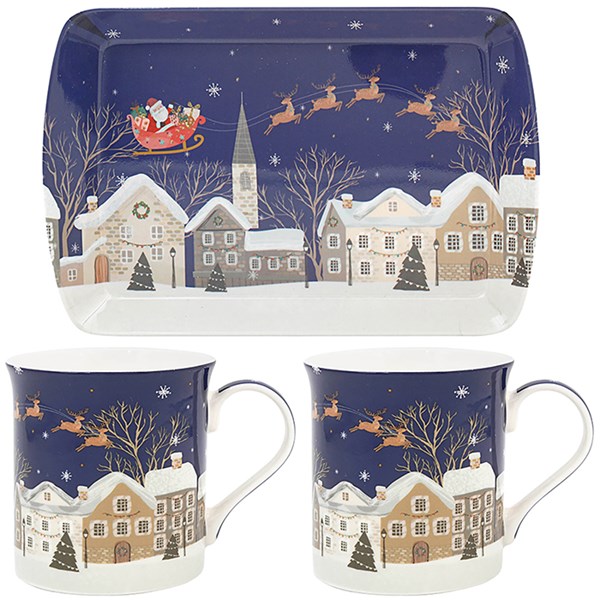 Xmas Tinsel Town Blue Mug & Tray