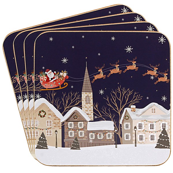 Xmas Tinsel Town Blue Coasters Set of 4