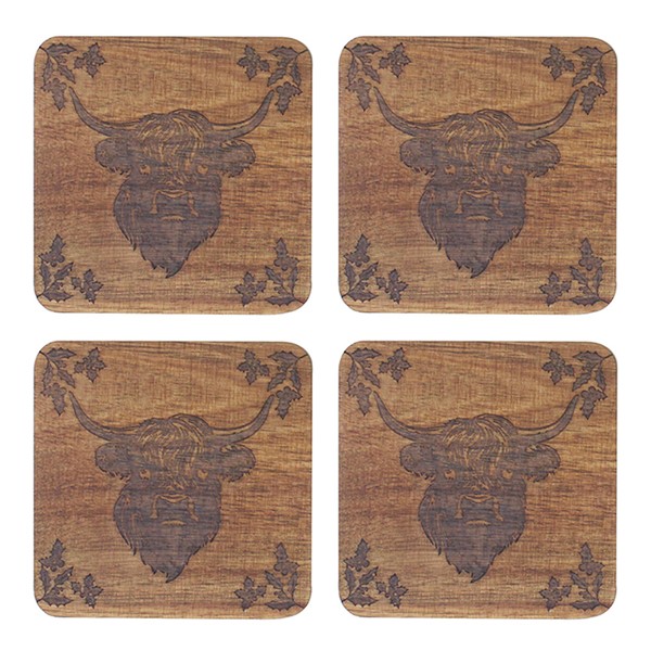 Xmas Highland Cow Acacia Coaster Set of 4