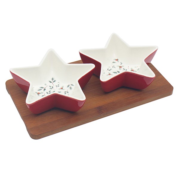 Xmas Holly Star Dishes With Tray Set of 2