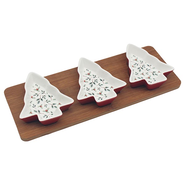 Xmas Holly Tree Dishes With Tray Set of 3