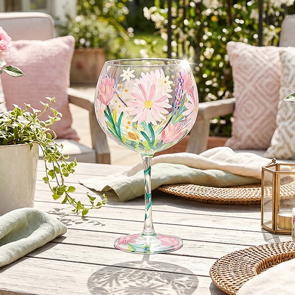 Hand Painted Gin Glass Cottage Garden