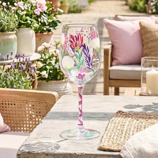 Hand Painted Wine Glass Cottage Garden