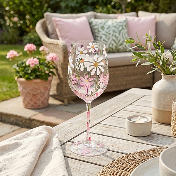 Hand Painted Wine Glass Daisies