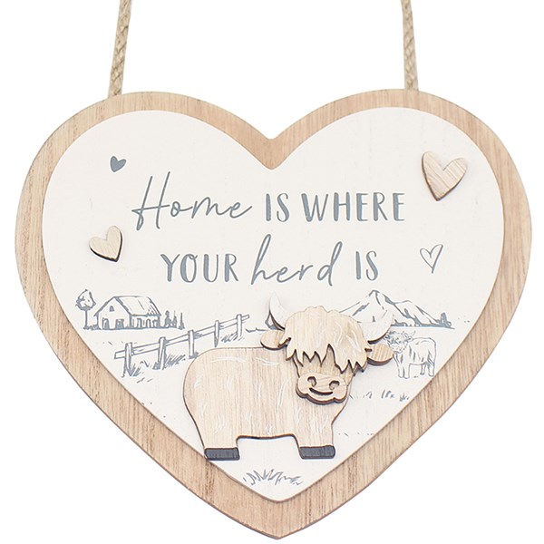 Highland Cow Heart Plaque Home Hanging