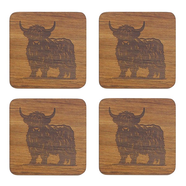 Elements Dark Wood Highland Cow Coasters Set of 4