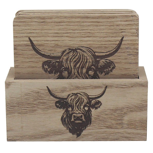 Light Wood Highland Cow Coasters & Stand