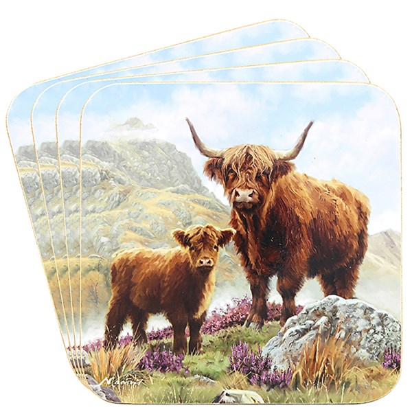 New Highland Cow & Calf Coasters Set of 4